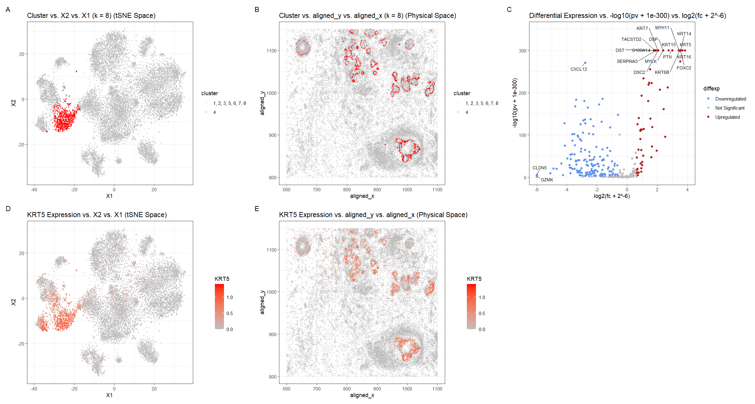 Imaging (Pikachu) Dataset: Identifying Cell-type from Breast Cancer Tissue Spatial Transcriptomics Data using K-means Clustering, tSNE, and Wilcox-test